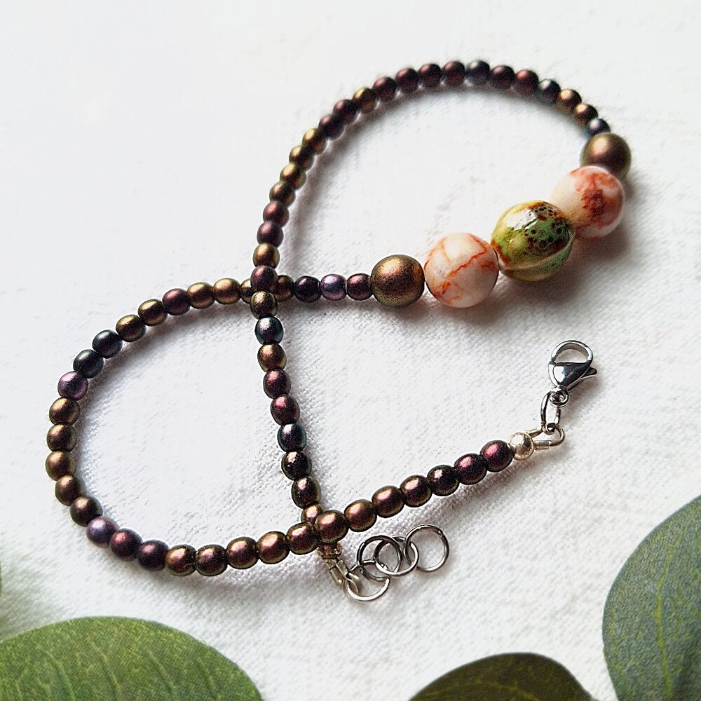 Earthy Beaded Choker – Rhodonite & Ceramic Necklace, Dark Cottagecore Stone